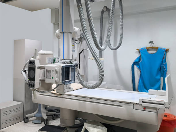 X-ray medical scan machine room with radiation protection vest in hospital